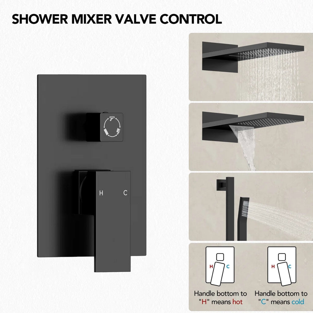 22" Waterfall & Rainfall Shower System with Adjustable Slide Bar Handheld Shower and Pressure-Balanced Valve LP03343-LY - Matte Black