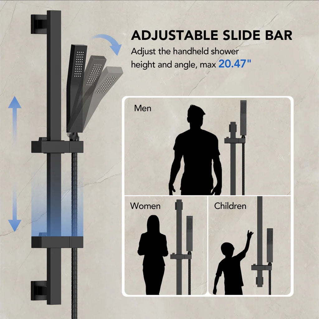 22" Waterfall & Rainfall Shower System with Adjustable Slide Bar Handheld Shower and Pressure-Balanced Valve LP03343-LY - Matte Black
