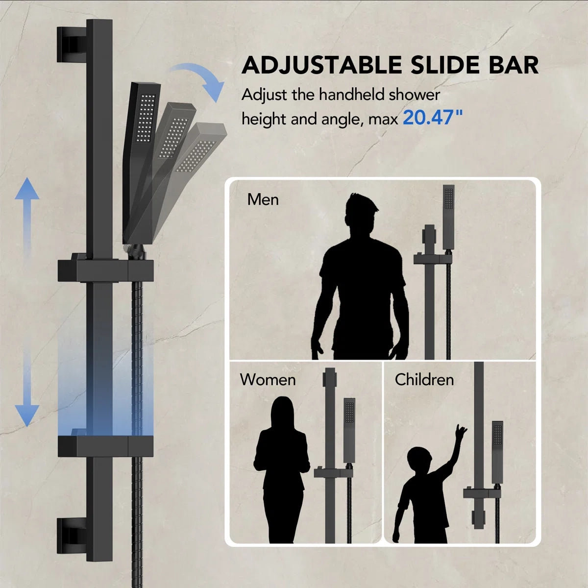 22" Waterfall & Rainfall Shower System with Adjustable Slide Bar Handheld Shower and Pressure-Balanced Valve LP03343-LY - Matte Black