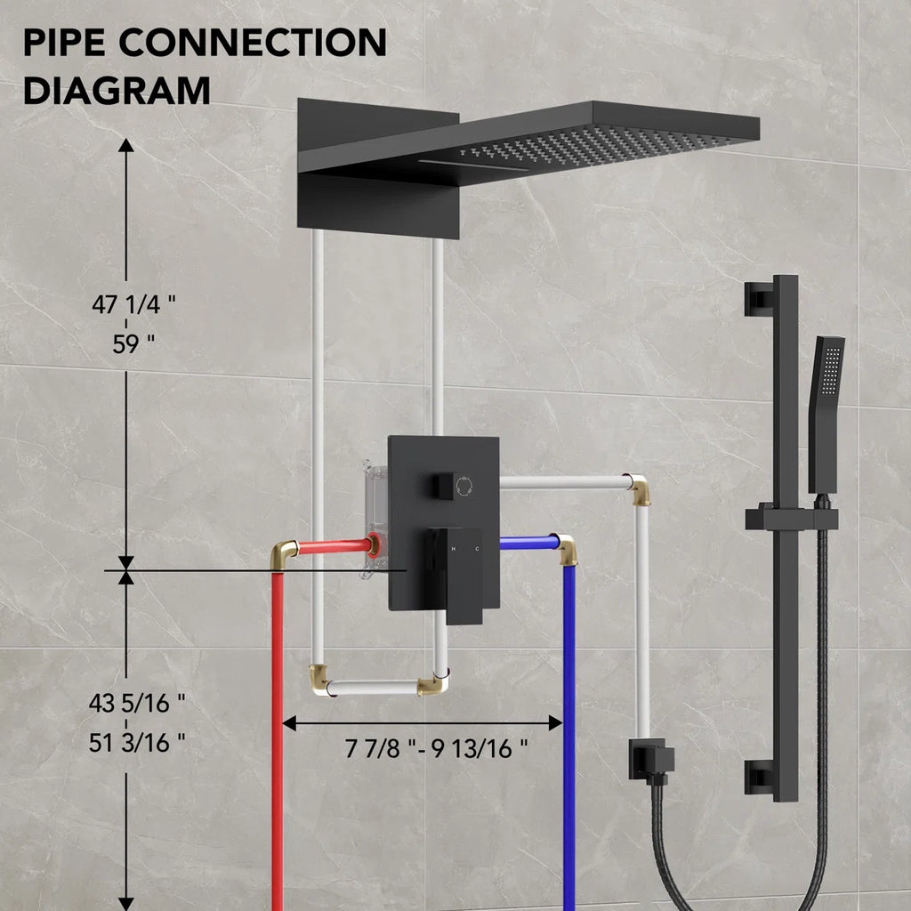 22" Waterfall & Rainfall Shower System with Adjustable Slide Bar Handheld Shower and Pressure-Balanced Valve LP03343-LY - Matte Black