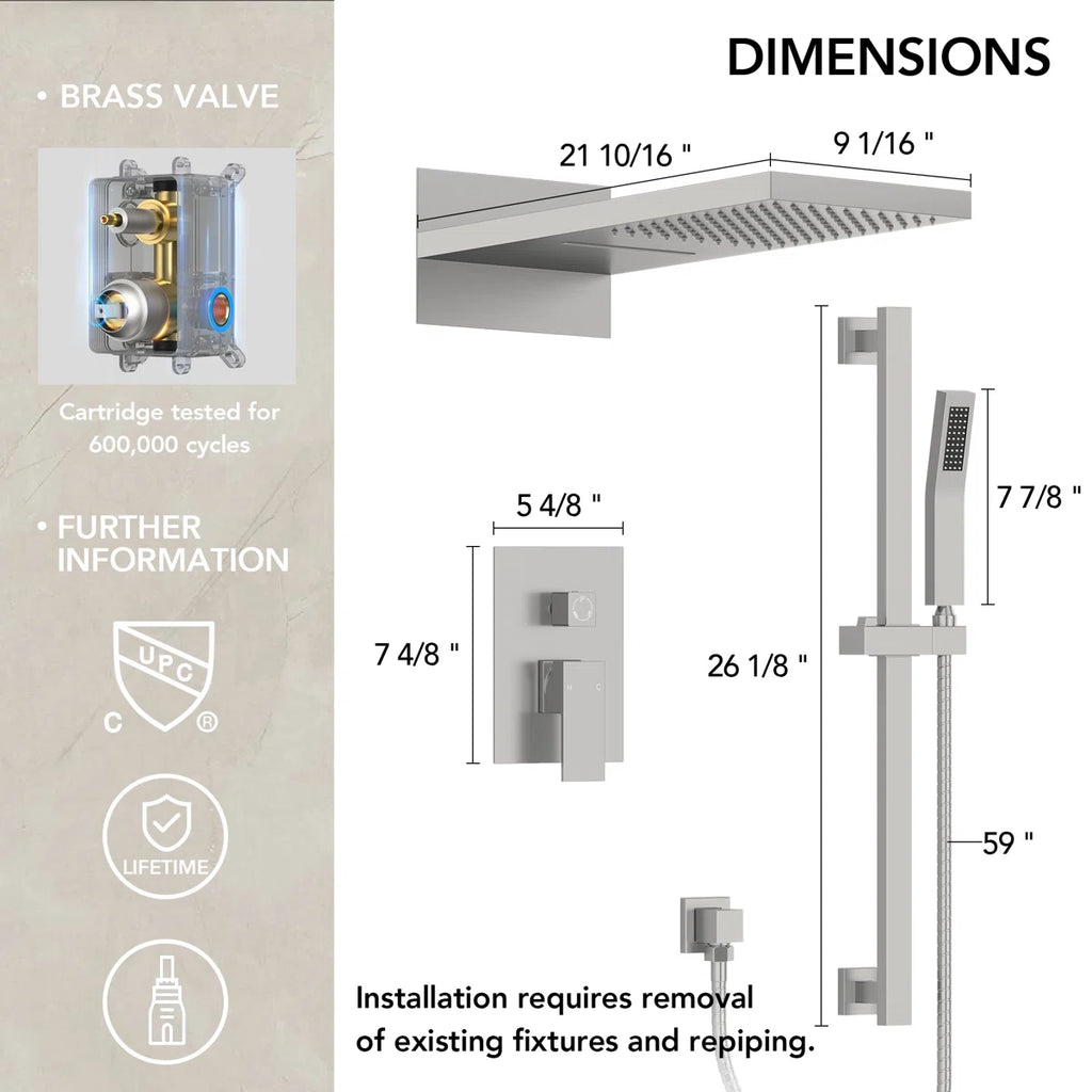 22" Waterfall & Rainfall Shower System with Adjustable Slide Bar Handheld Shower and Pressure-Balanced Valve LP08878-LY - Brushed Nickel