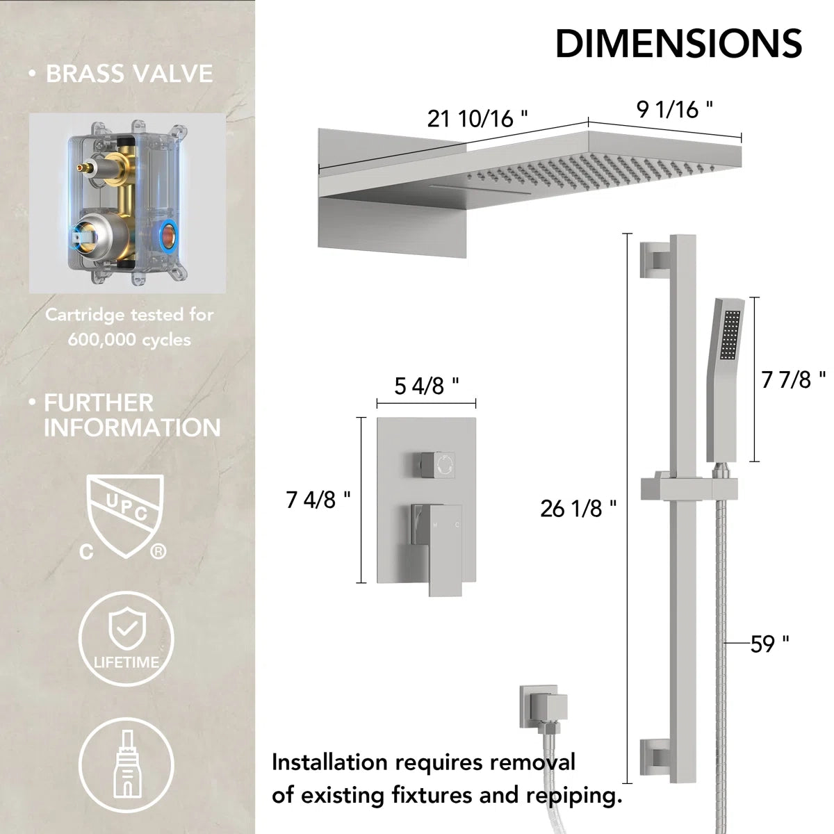 22" Waterfall & Rainfall Shower System with Adjustable Slide Bar Handheld Shower and Pressure-Balanced Valve LP08878-LY - Brushed Nickel