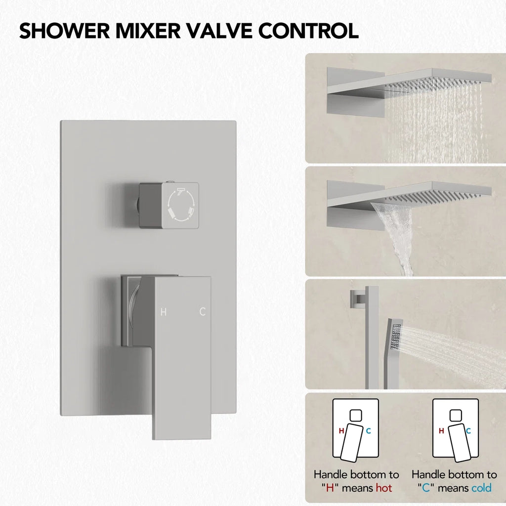 22" Waterfall & Rainfall Shower System with Adjustable Slide Bar Handheld Shower and Pressure-Balanced Valve LP08878-LY - Brushed Nickel