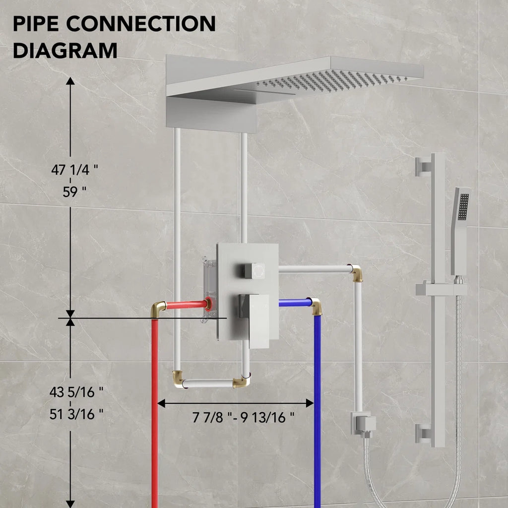 22" Waterfall & Rainfall Shower System with Adjustable Slide Bar Handheld Shower and Pressure-Balanced Valve LP08878-LY - Brushed Nickel
