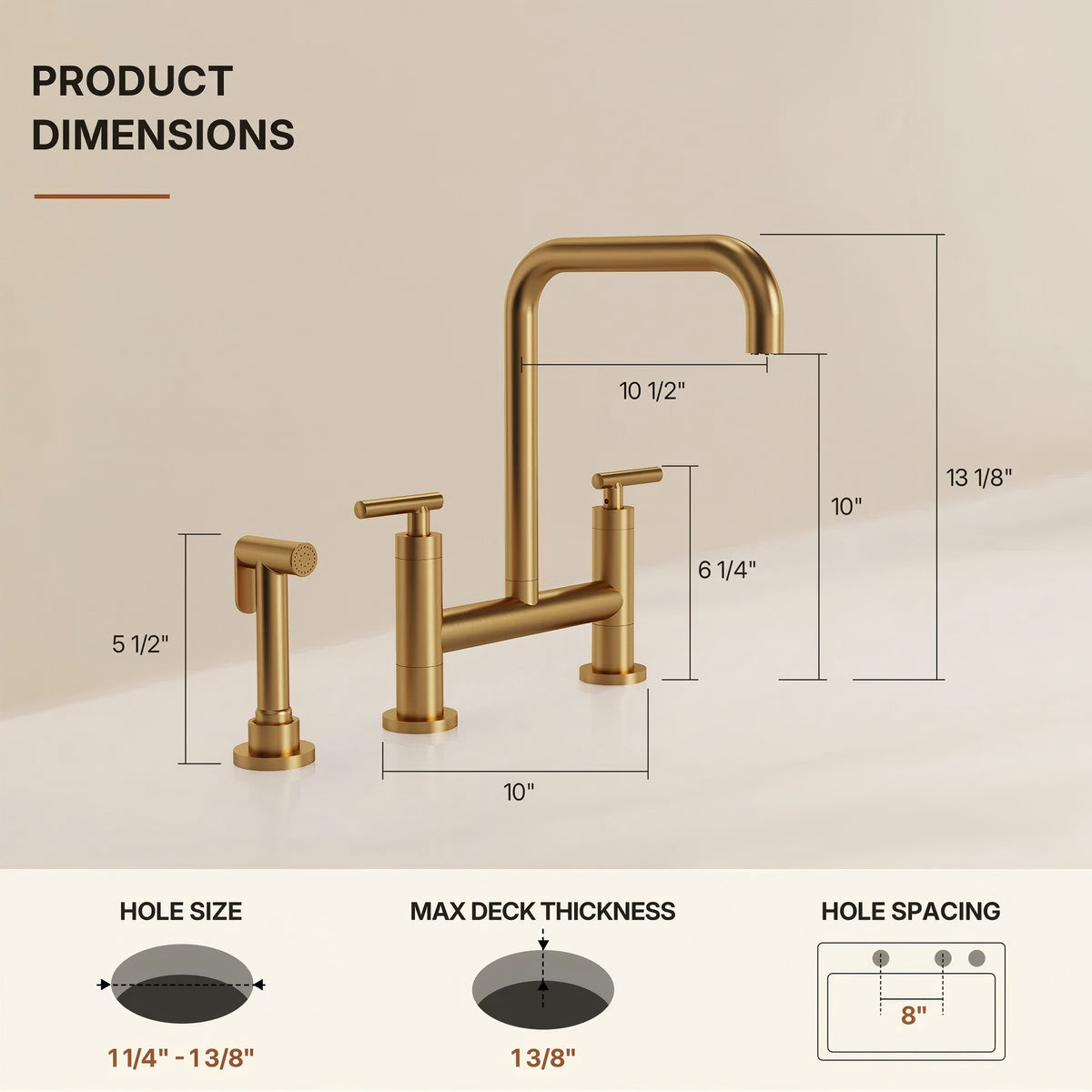 Bridge Kitchen Faucet with Swivel Spout, 2-Handle Kitchen Faucet with Side Spray LP090-CF - Brushed Gold