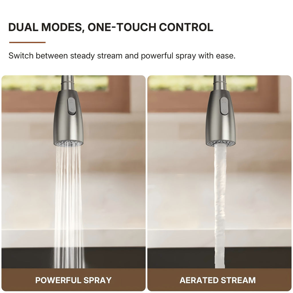 Commercial Dual-Function Pull Down Kitchen Faucet with High Arc Spring Spout LP04412-CF - Brushed Nickel