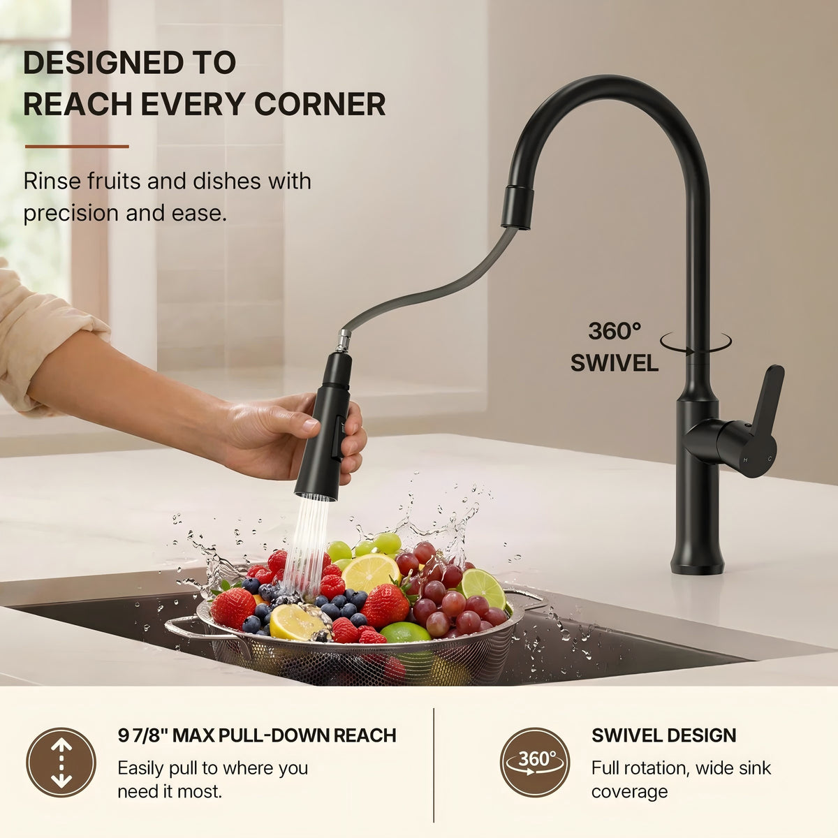 Pull-Down Kitchen Faucet with Dual-Function, Single-Handle Sink Faucet with Swivel Spout ,LP010191-CF - Matte Black