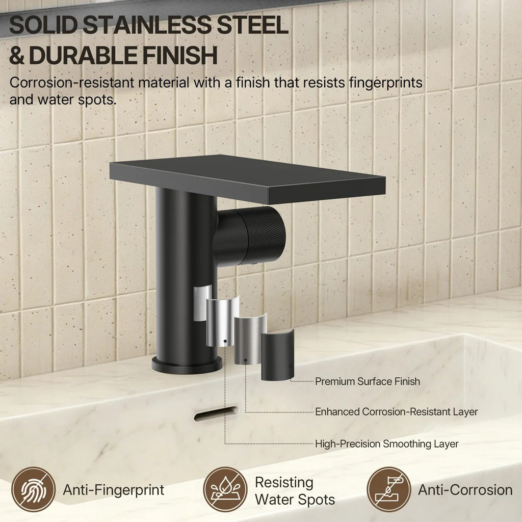 Single Hole Bathroom Faucet, Single-Handle Waterfall Sink Faucet with Drain Assembly LPBK0021 - Matte Black