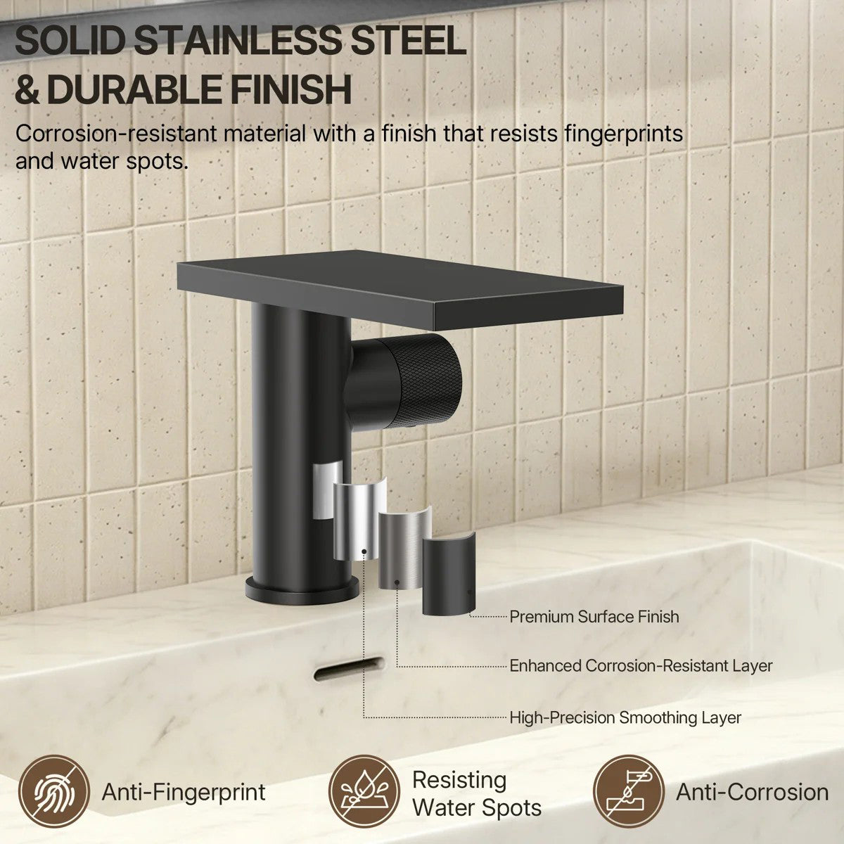 Single Hole Bathroom Faucet, Single-Handle Waterfall Sink Faucet with Drain Assembly LPBK0021 - Matte Black