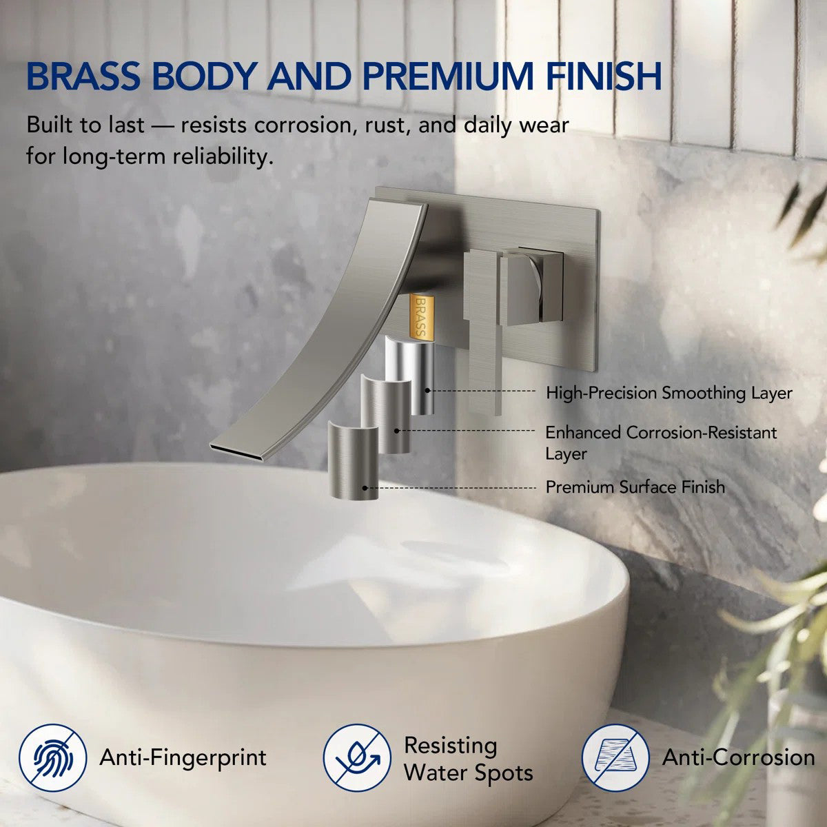Wall Mounted Bathroom Faucet, Single-handle Bathroom Sink Faucet with Drain Assembly LP99801-YS- Brushed Nickel