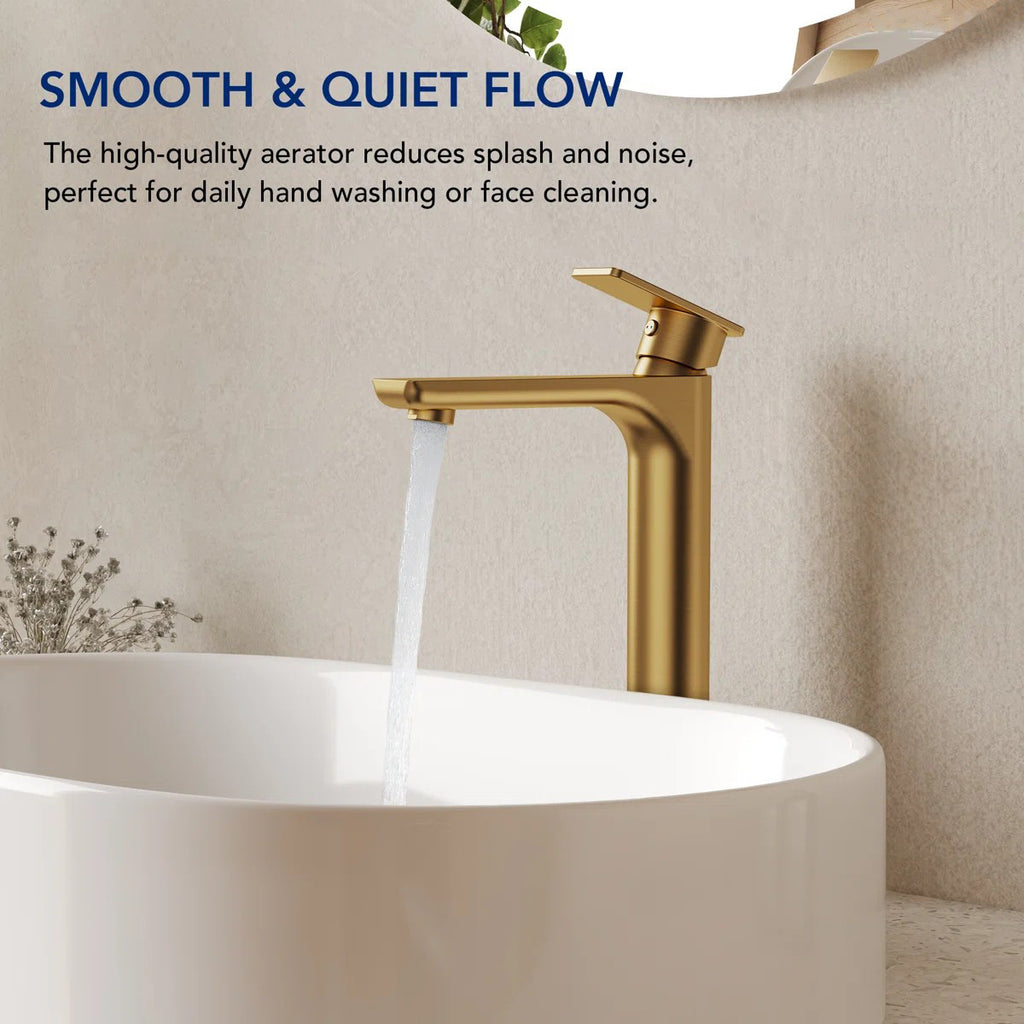 Single Hole Vessel Bathroom Faucet, Single Handle Bathroom Sink Faucet with Drain Assembly LP0096-YS - Brushed Gold