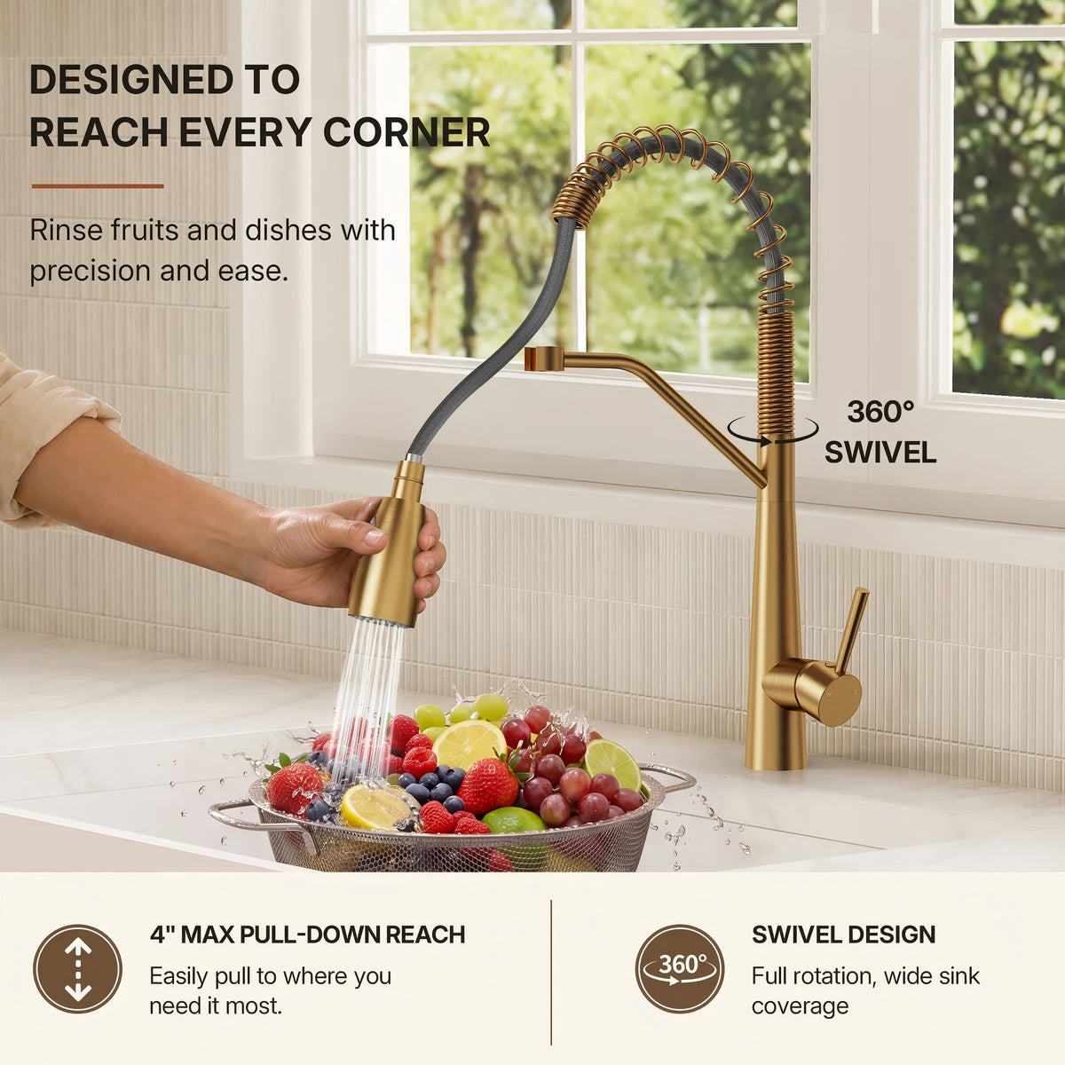 Commercial Dual-Function Pull Down Kitchen Faucet with High Arc Spring Spout LP03345-CF - Brushed Gold