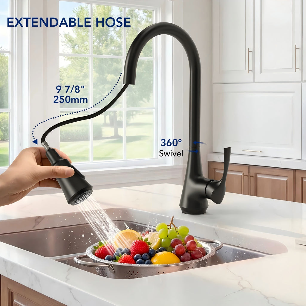 Pull Down Kitchen Sink Faucet, Single Handle Kitchen Faucet with Swivel Spout LP43-CF - Matte Black