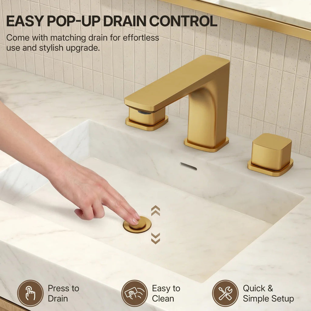 Widespread Bathroom Faucet 3 Hole, 2-handle Bathroom Sink Faucet with Drain Assembly LP088903-CF - Brushed Gold