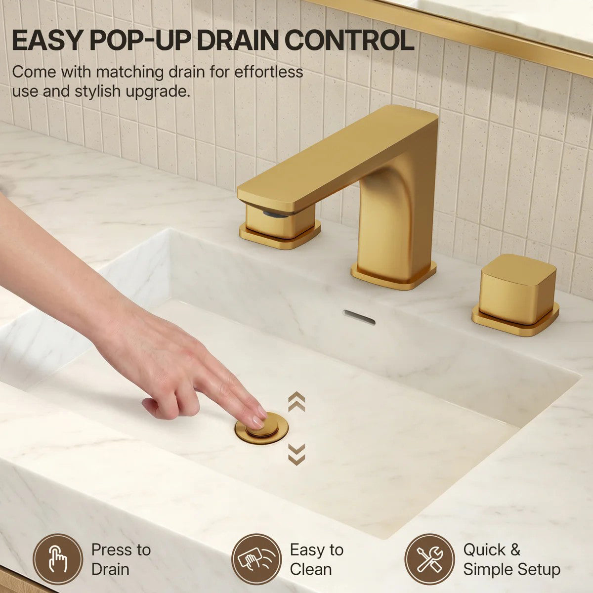 Widespread Bathroom Faucet 3 Hole, 2-handle Bathroom Sink Faucet with Drain Assembly LP088903-CF - Brushed Gold