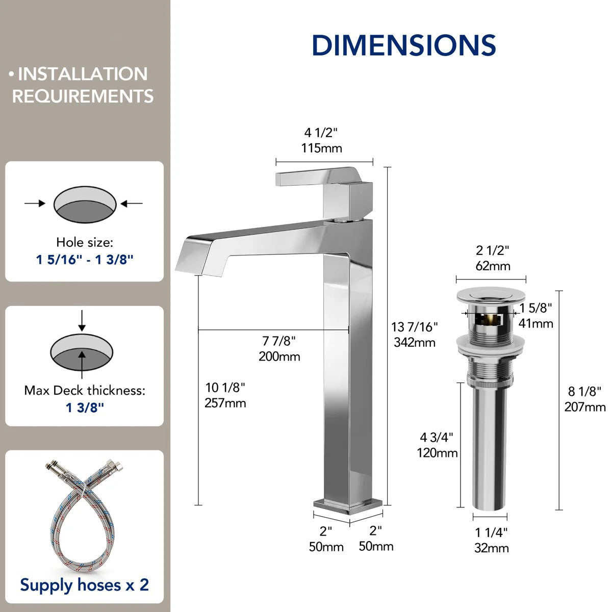 Single Hole Vessel Bathroom Faucet with Drain Assembly, Single Handle Vessel Bathroom Sink Faucet LP081-YS - Chrome