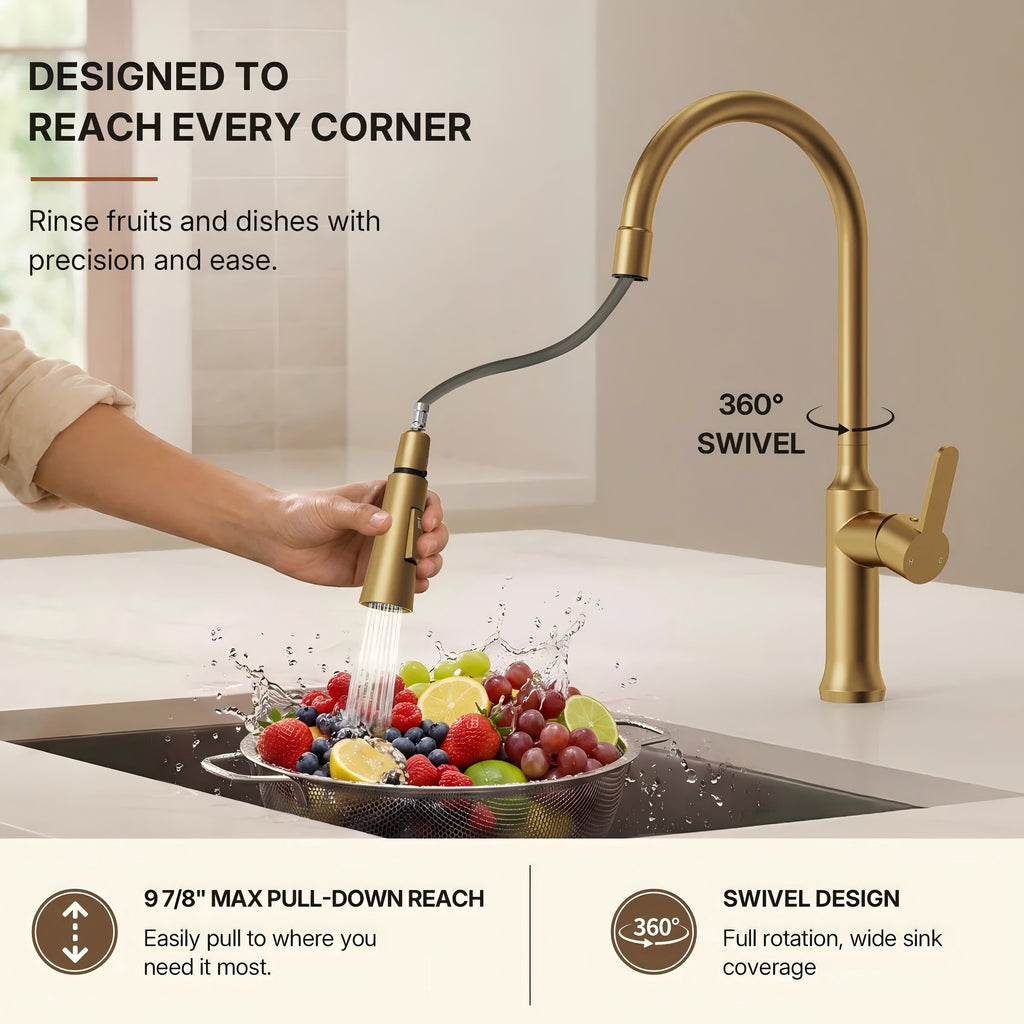 Pull-Down Kitchen Faucet with Dual-Function Sprayer, Single-Handle Sink Faucet LPL099122-CF - Brushed Gold