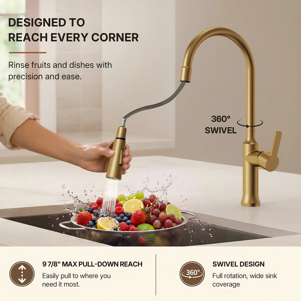 Pull-Down Kitchen Faucet with Dual-Function Sprayer, Single-Handle Sink Faucet LPL099122-CF - Brushed Gold