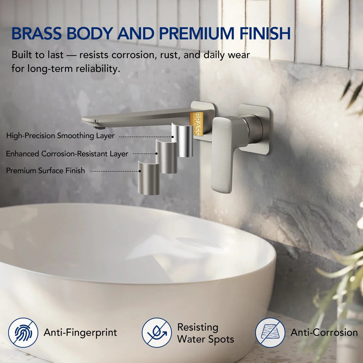 Wall Mounted Bathroom Faucet, Single-handle Bathroom Sink Faucet with Drain Assembly LP2299882-YS - Brushed Nickel