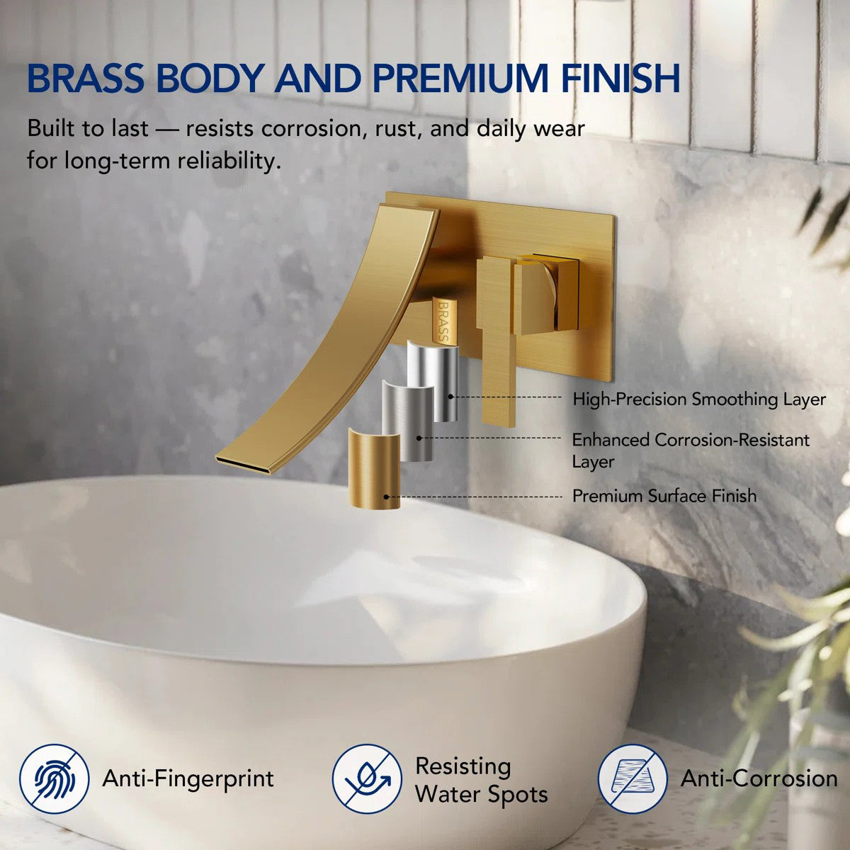 Wall Mounted Bathroom Faucet, Single-handle Bathroom Sink Faucet with Drain Assembly LP12234-CF - Brushed Gold