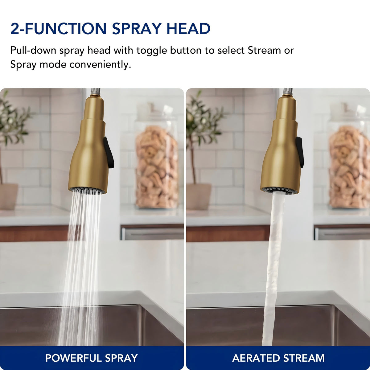 Dual-Function Single-Handle Pull-Down Kitchen Faucet with 360 Degree Swivel Spout LP0412-CF - Brushed Gold