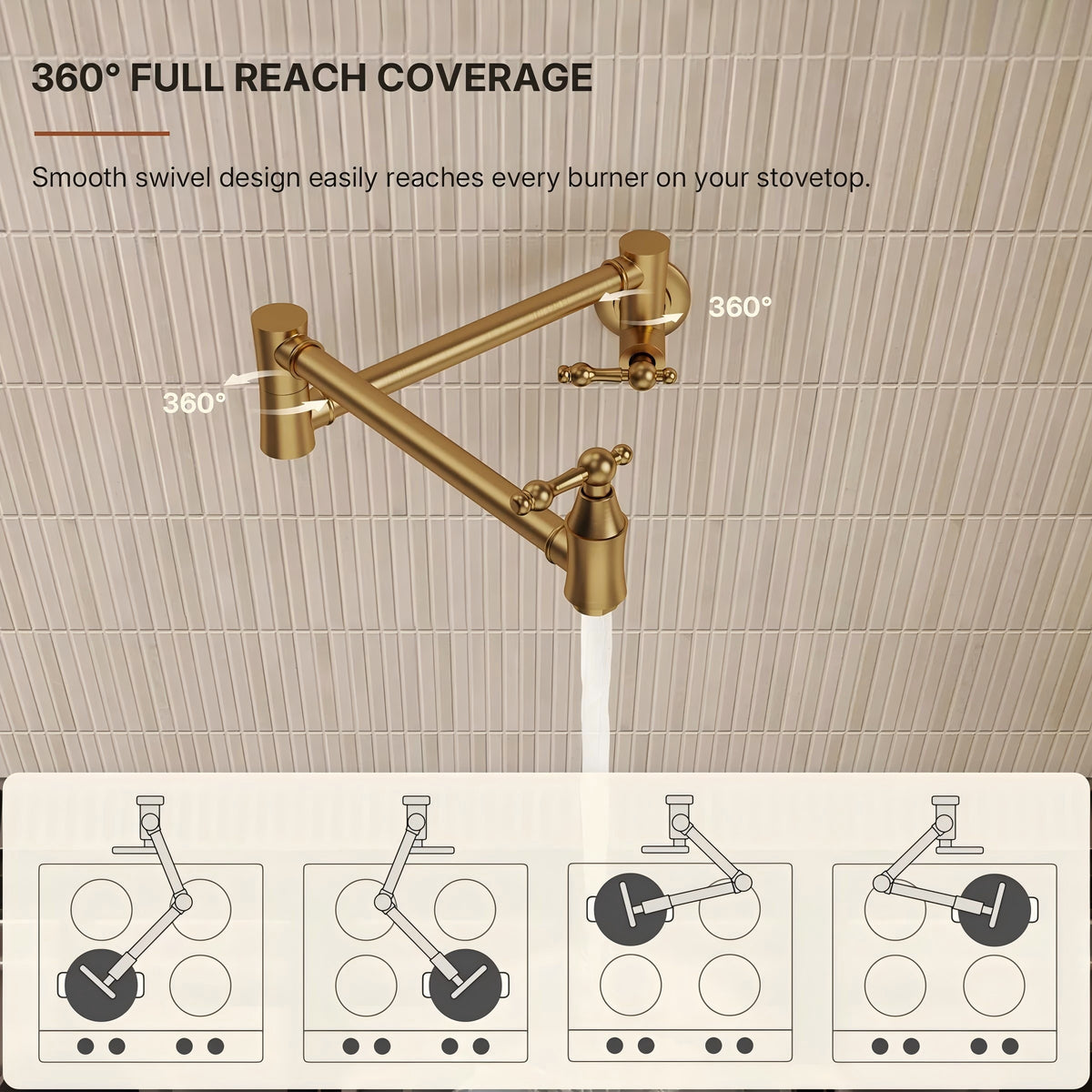 Brass Wall-Mount Pot Filler Kitchen Faucet with Swing Arms LP15W-CF - Brushed Gold