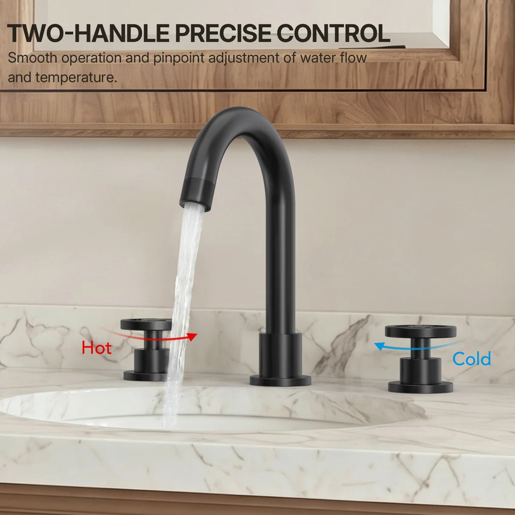 Widespread 3-Hole Bathroom Sink Faucet, 2-Handle Faucet with Wheel Knob Handles and Drain Assembly LP091-YS - Matte Black
