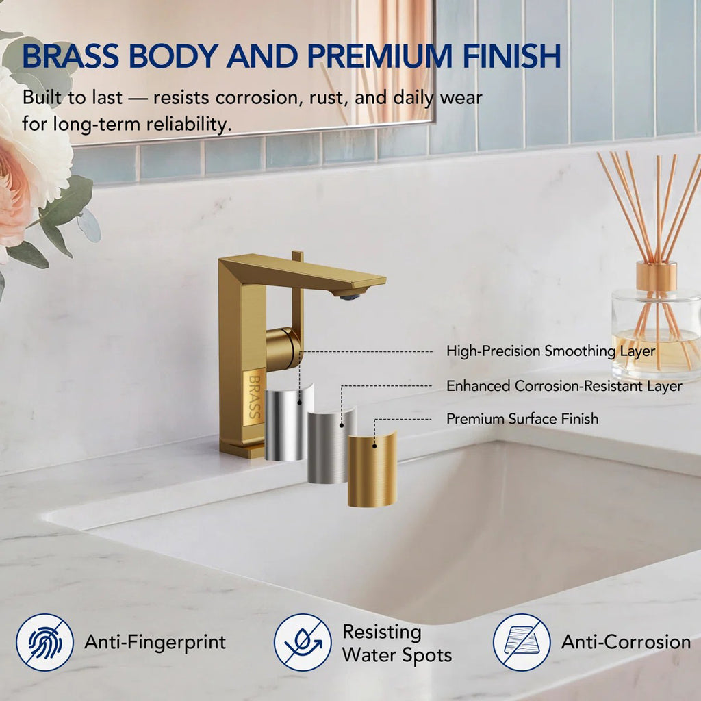 Single Hole Bathroom Faucet with Drain Assembly, Single Handle Bathroom Sink Faucet LP55789-YS- Brushed Gold