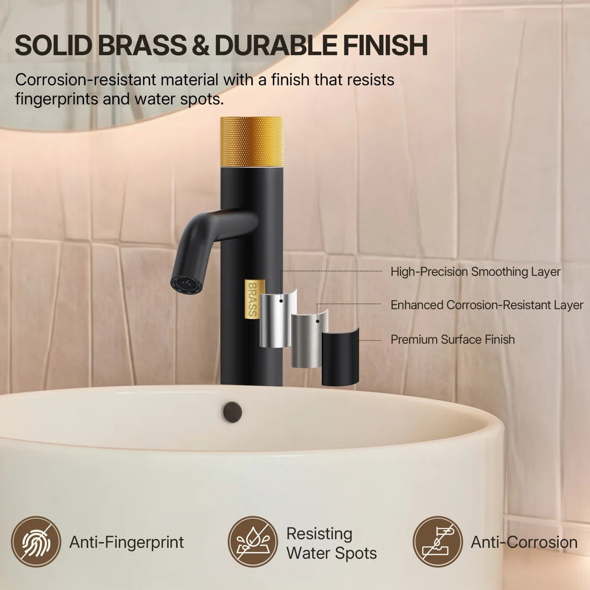 Single Hole Bathroom Vessel Faucet, Single Handle Bathroom Vessel Sink Faucet with Drain Assembly LP0220266-YS - Matte Black/Brushed Gold