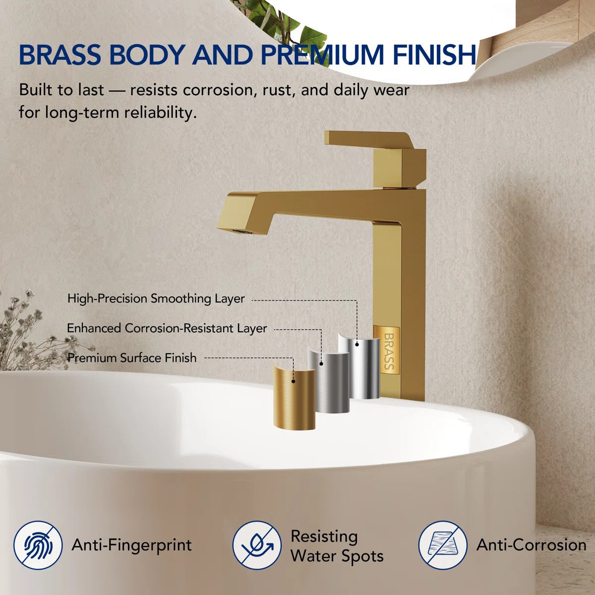 Single Hole Vessel Bathroom Faucet with Drain Assembly, Single Handle Vessel Bathroom Sink Faucet LP0850-YS - Brushed Gold
