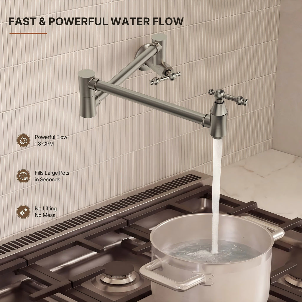 Wall Mount Swing Arm Folding Pot Filler Kitchen Faucet, 2-Handle Kitchen Faucet for Stove Use LP09-CFK - Brushed Nickel
