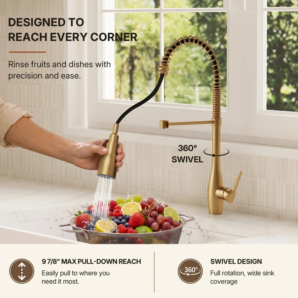 Commercial Style Dual Function Single Handle Pull Down Kitchen Faucet LP32-CF - Brushed Gold