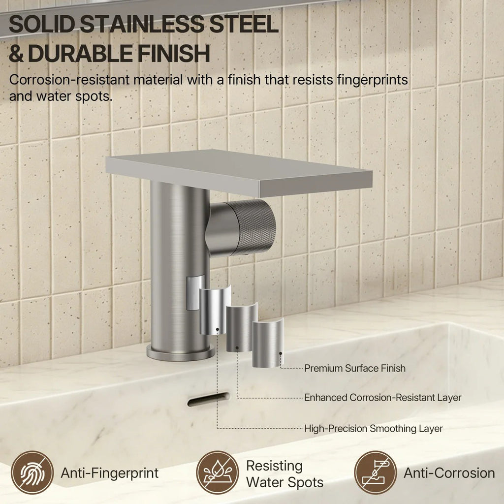 Single Hole Bathroom Faucet, Single-Handle Waterfall Sink Faucet with Drain Assembly LP0168-YS - Brushed Nickel