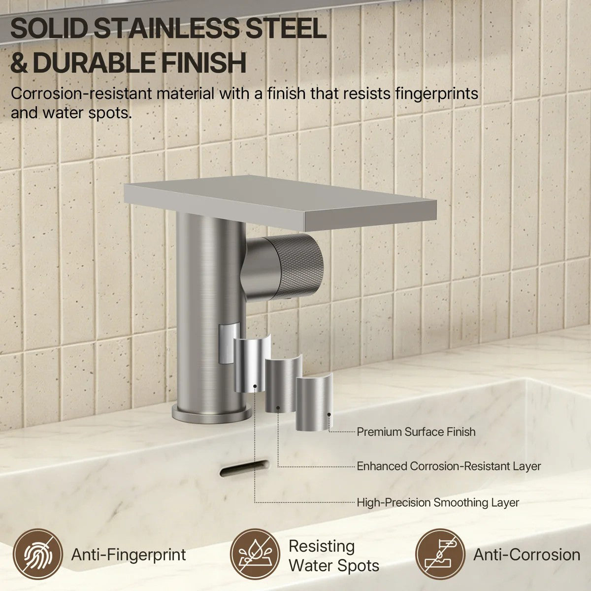 Single Hole Bathroom Faucet, Single-Handle Waterfall Sink Faucet with Drain Assembly LP0168-YS - Brushed Nickel