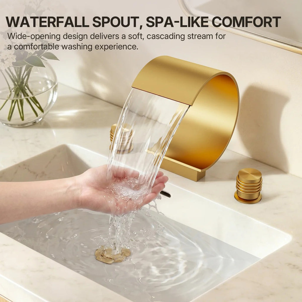 Widespread Bathroom Faucet 3 Hole, 2-handle Bathroom Sink Faucet with Drain Assembly LP550181-YS - Brushed Gold