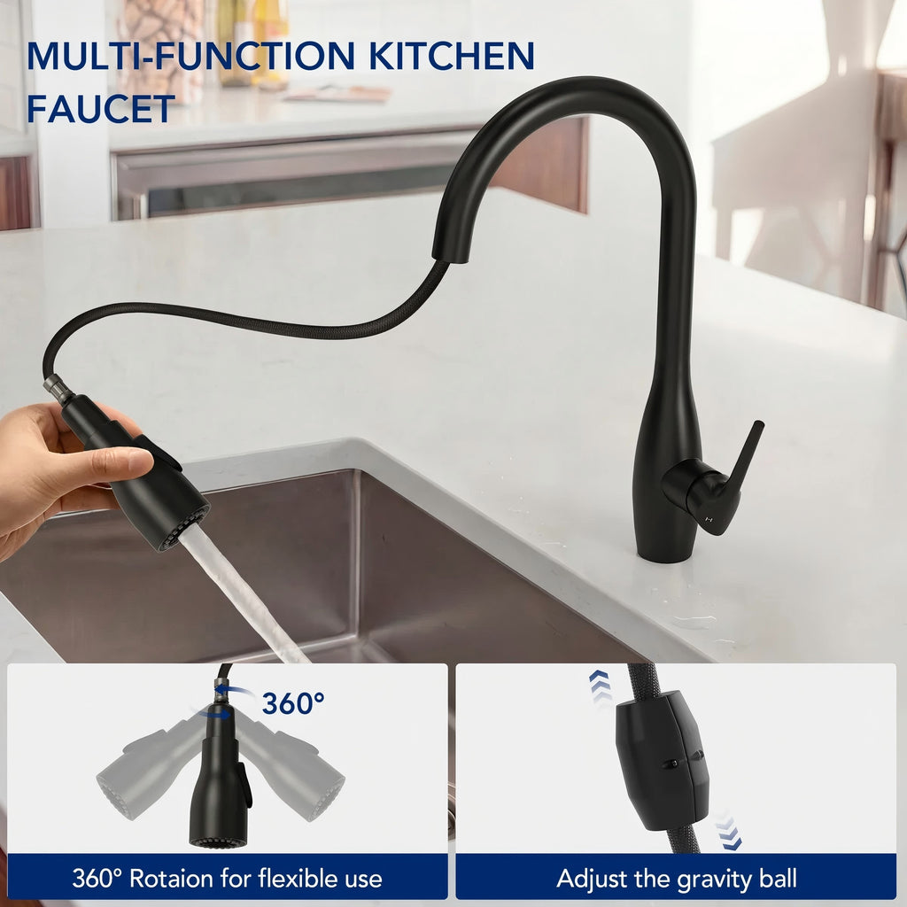 Dual-Function Single-Handle Pull-Down Kitchen Faucet with 360 Degree Swivel SpoutLP1067-CF - Matte Black