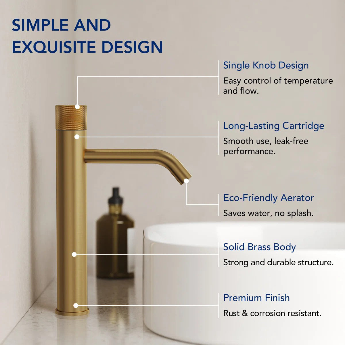 Single Hole Bathroom Vessel Faucet, Single Handle Bathroom Vessel Sink Faucet with Drain Assembly LP0223144-YS - Brushed Gold