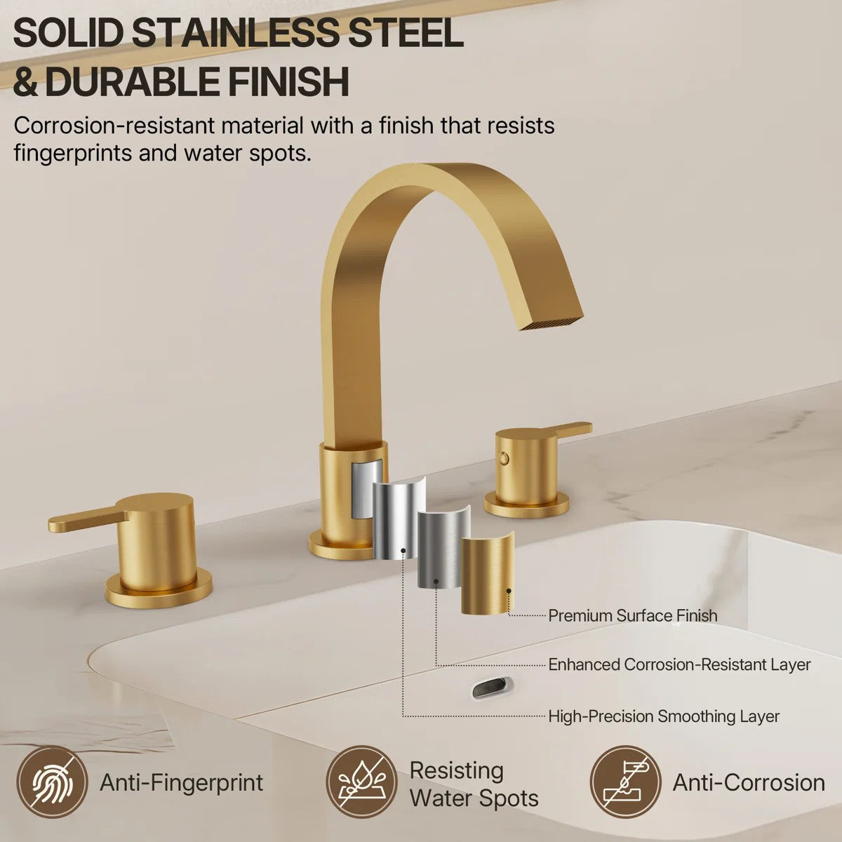 Widespread Bathroom Faucet 3 Hole, 2-handle Bathroom Sink Faucet with Drain Assembly LP00503-YS - Brushed Gold