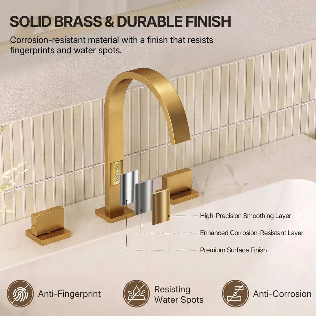 Widespread Bathroom Faucet 3 Hole, 2-handle Bathroom Sink Faucet with Drain Assembly LP0054568-YS - Brushed Gold