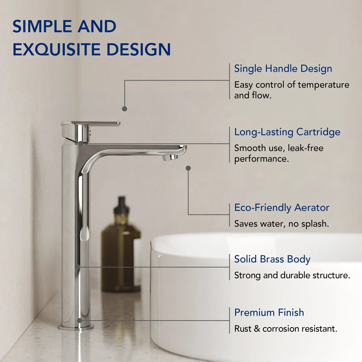 Single Hole Vessel Bathroom Faucet, Single Handle Bathroom Sink Faucet with Drain Assembly LP0098-YS - Chrome