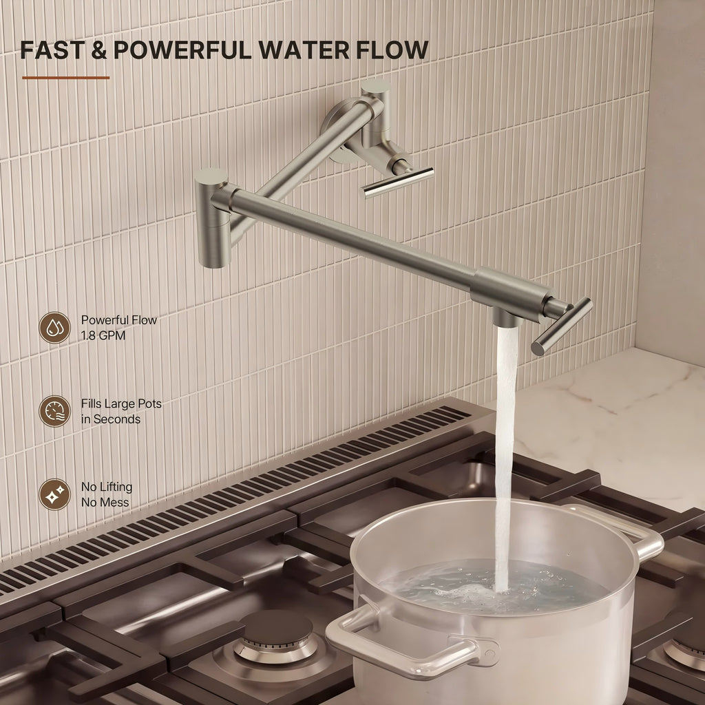Wall Mount Pot Filler Faucet with Retractable Arm, 2-Handle Kitchen Faucet for Stove Use LP108-CF- Brushed Nickel