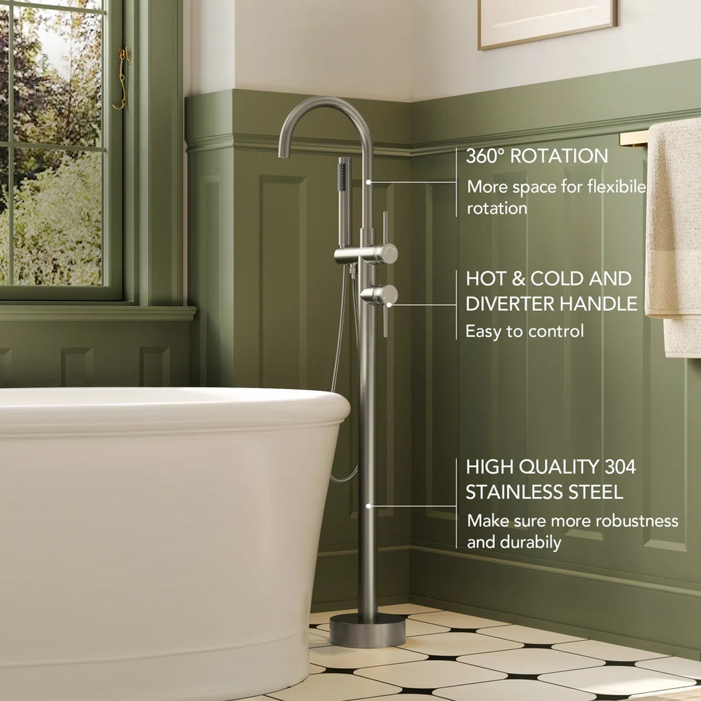 2 Handle Freestanding Floor Mount Tub Filler Faucet with Handheld Shower LP302-YG - Brushed Nickel