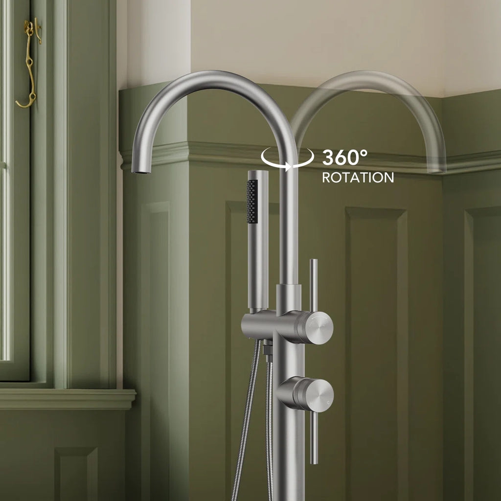 2 Handle Freestanding Floor Mount Tub Filler Faucet with Handheld Shower LP302-YG - Brushed Nickel