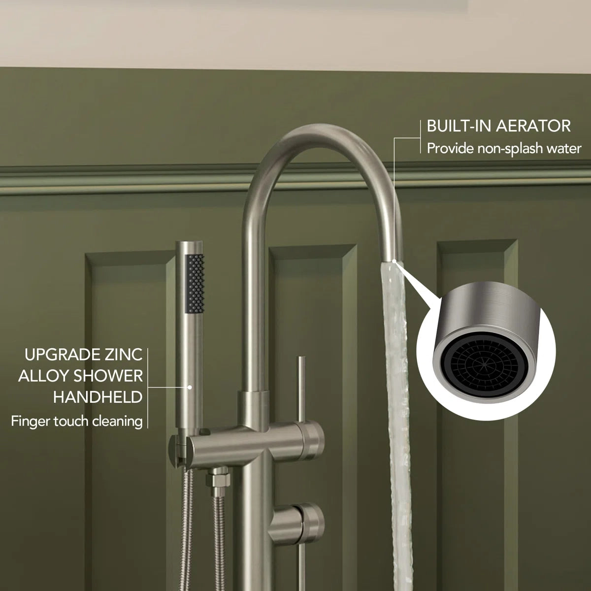 2 Handle Freestanding Floor Mount Tub Filler Faucet with Handheld Shower LP302-YG - Brushed Nickel
