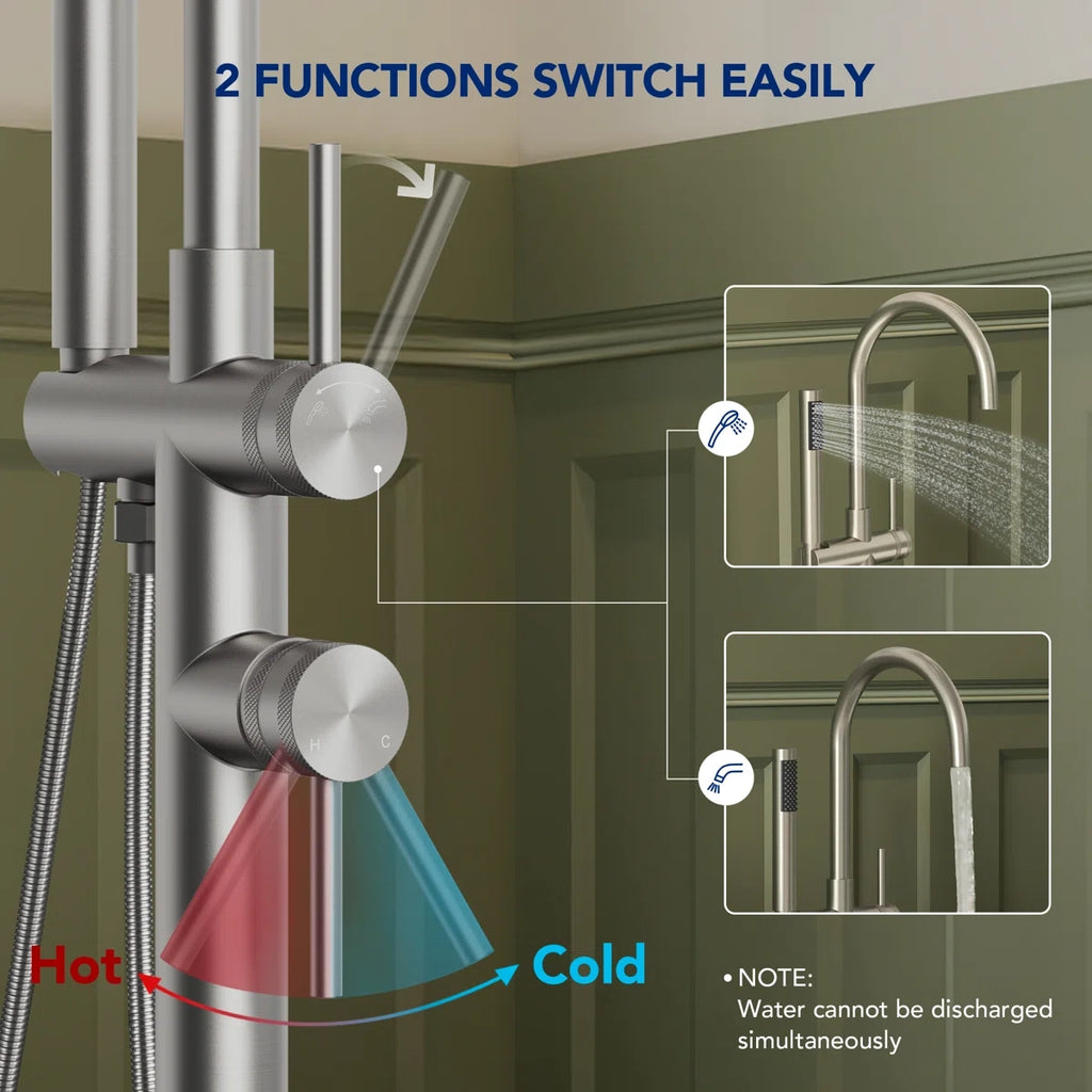 2 Handle Freestanding Floor Mount Tub Filler Faucet with Handheld Shower LP302-YG - Brushed Nickel