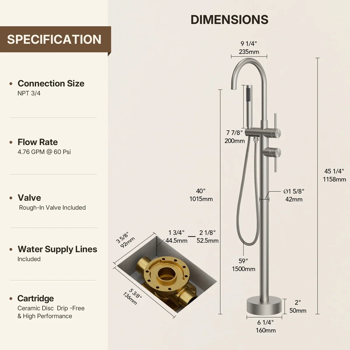 2 Handle Freestanding Floor Mount Tub Filler Faucet with Handheld Shower LP302-YG - Brushed Nickel