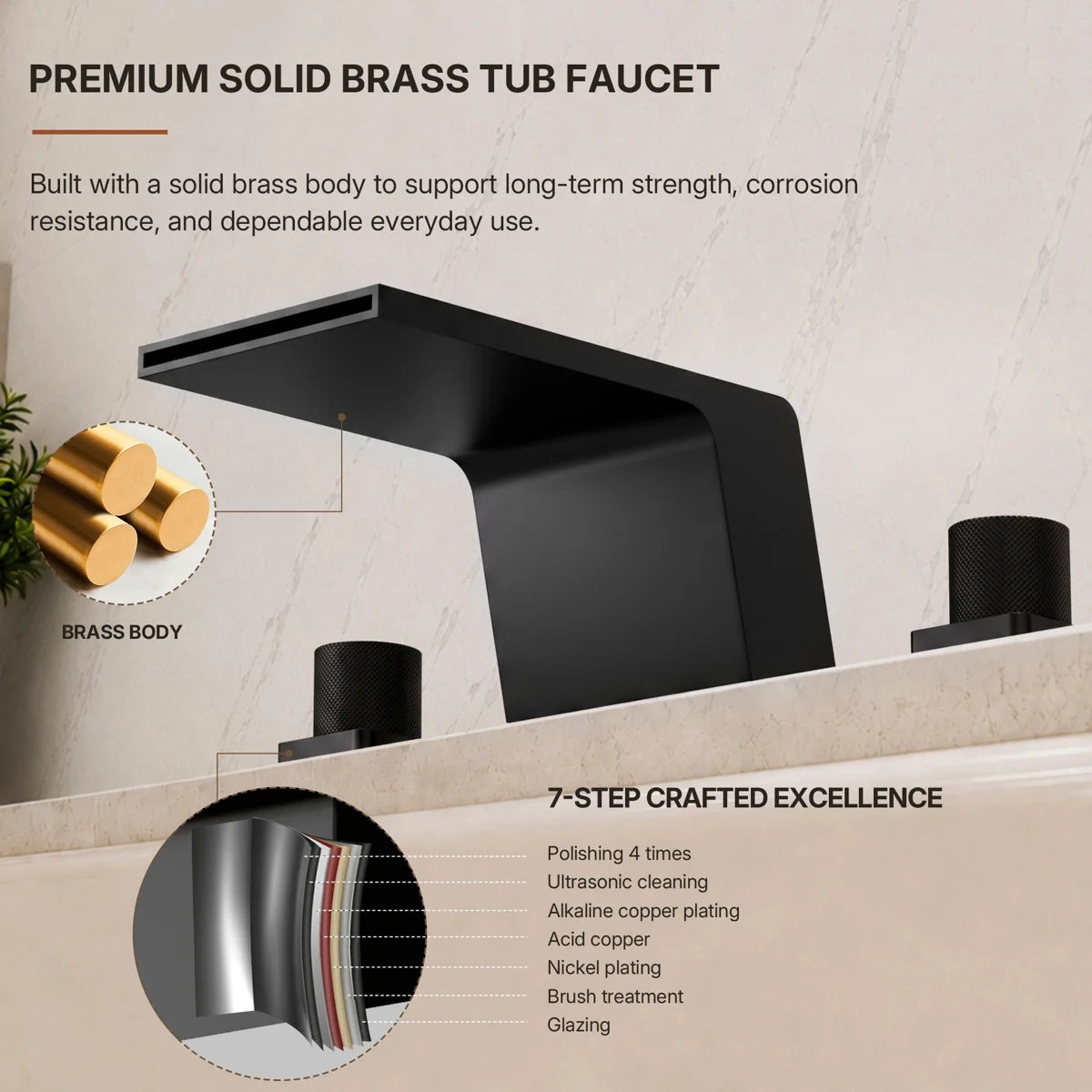 3-Hole Deck Mount Waterfall Roman Tub Faucet LP1109213-YG - Matte Black