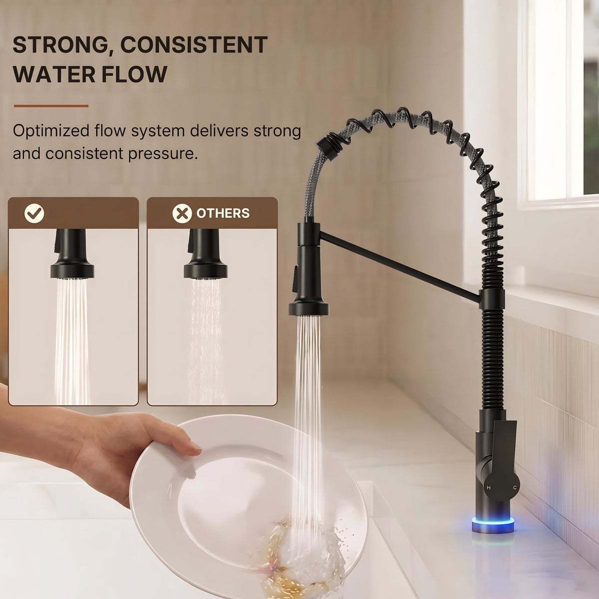 Contemporary Commercial-Style 2-Function Single-Handle Pull-Down Kitchen Faucet with LED Base LP220219-CF - Matte Black