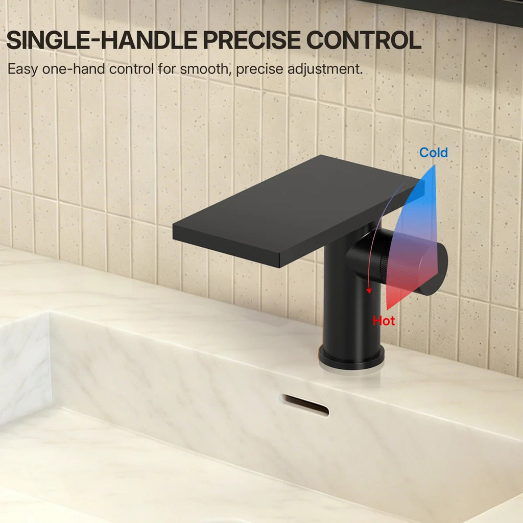Single Hole Bathroom Faucet, Single-Handle Waterfall Sink Faucet with Drain Assembly LPBK0021 - Matte Black