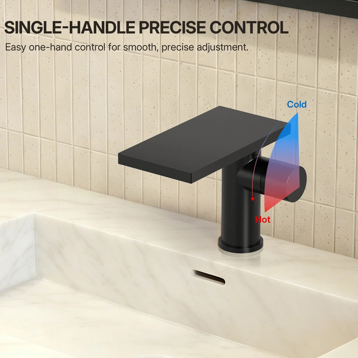 Single Hole Bathroom Faucet, Single-Handle Waterfall Sink Faucet with Drain Assembly LPBK0021 - Matte Black
